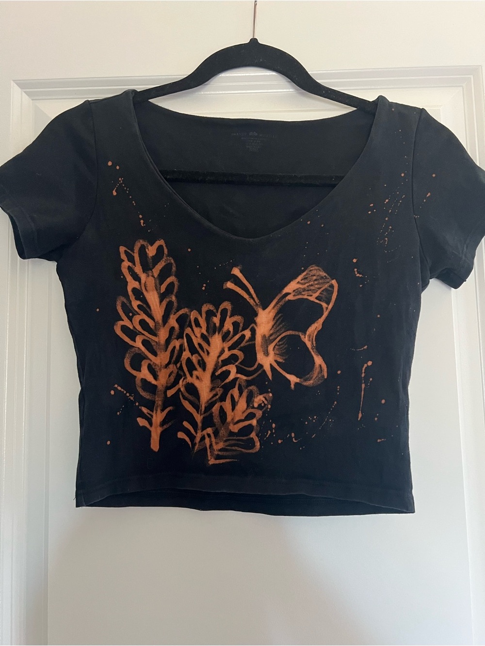 Brandy Melville Black Crop Tee with Orange Butterfly & Leaf tye dye Print